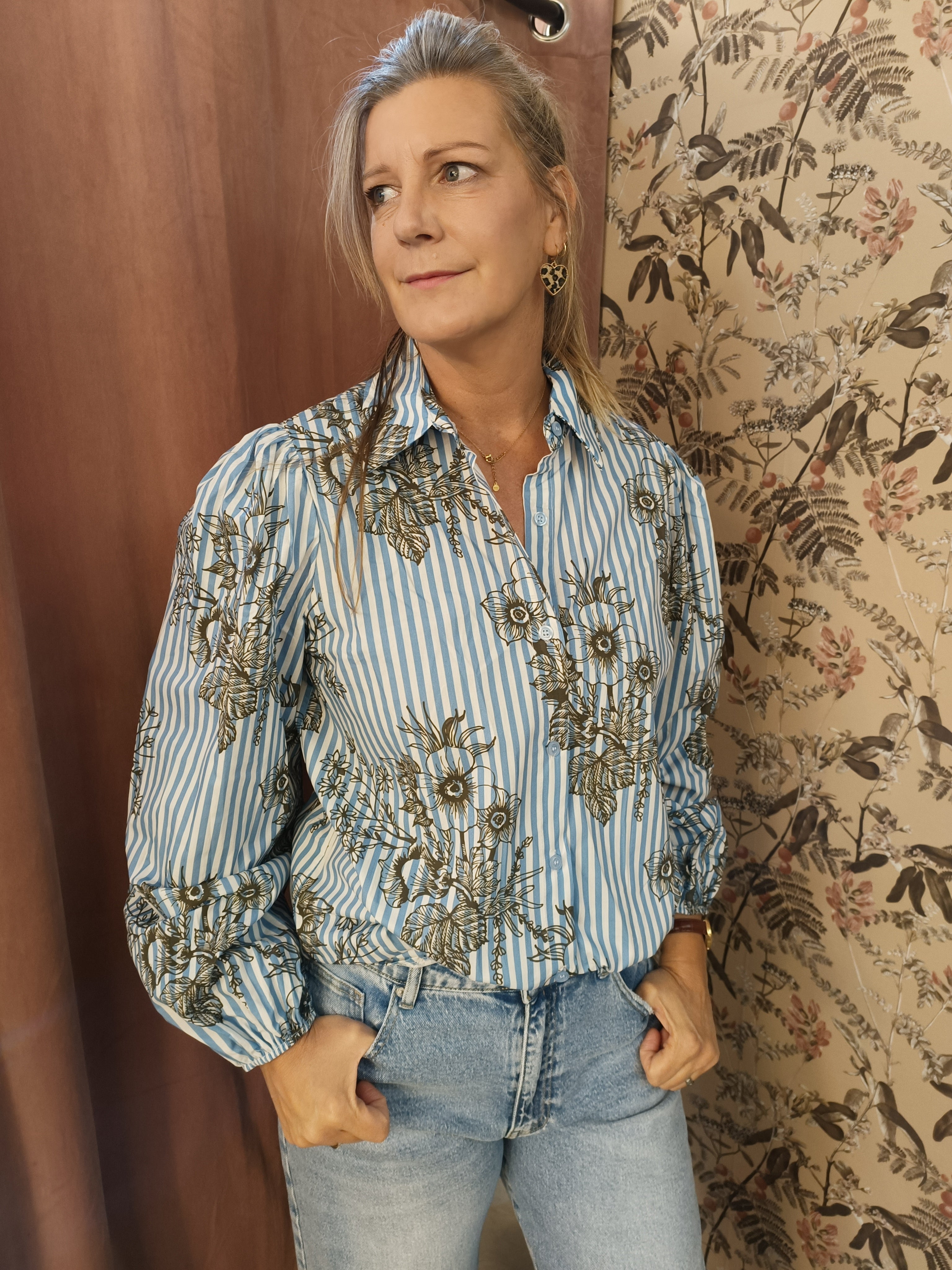 Blouse gestreept bloem blauw