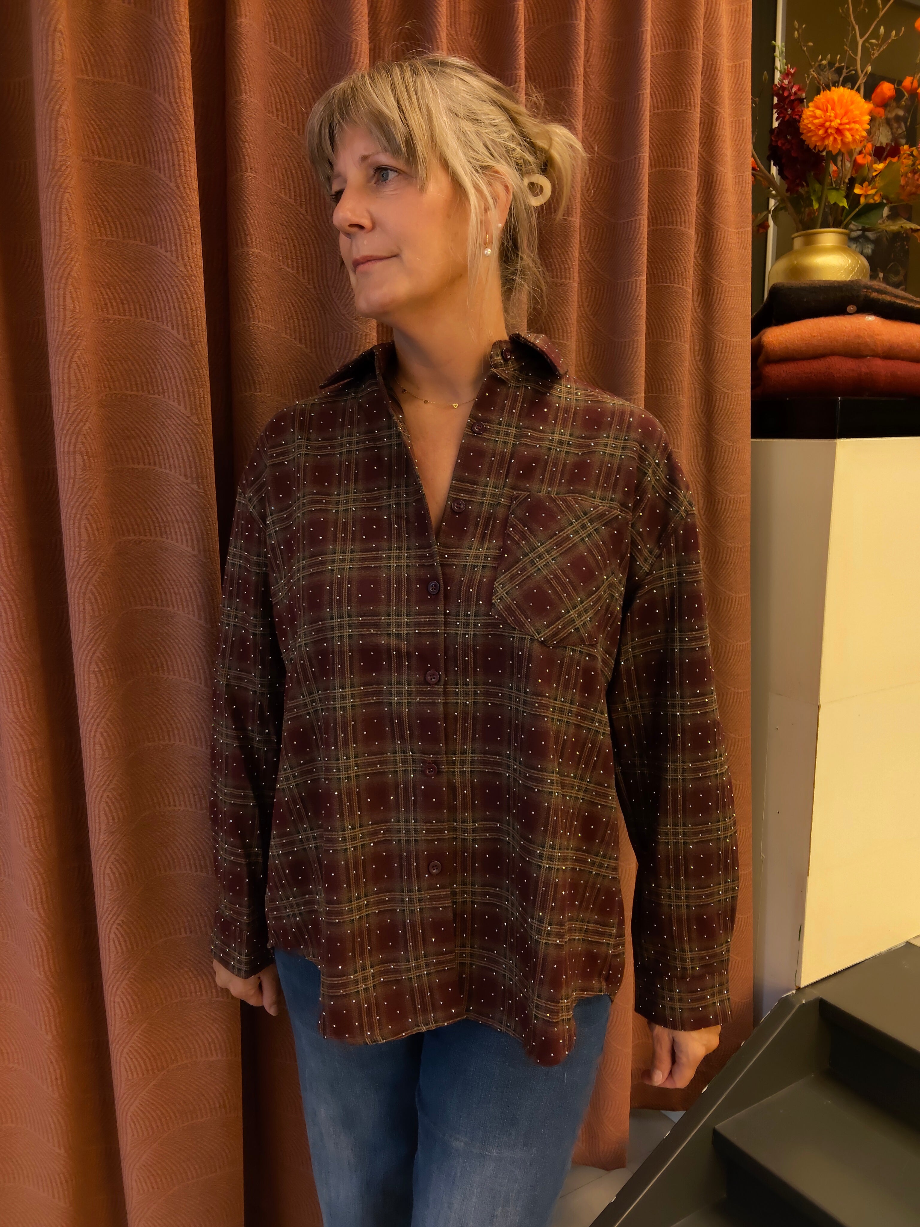 Blouse geruit met kleine strass