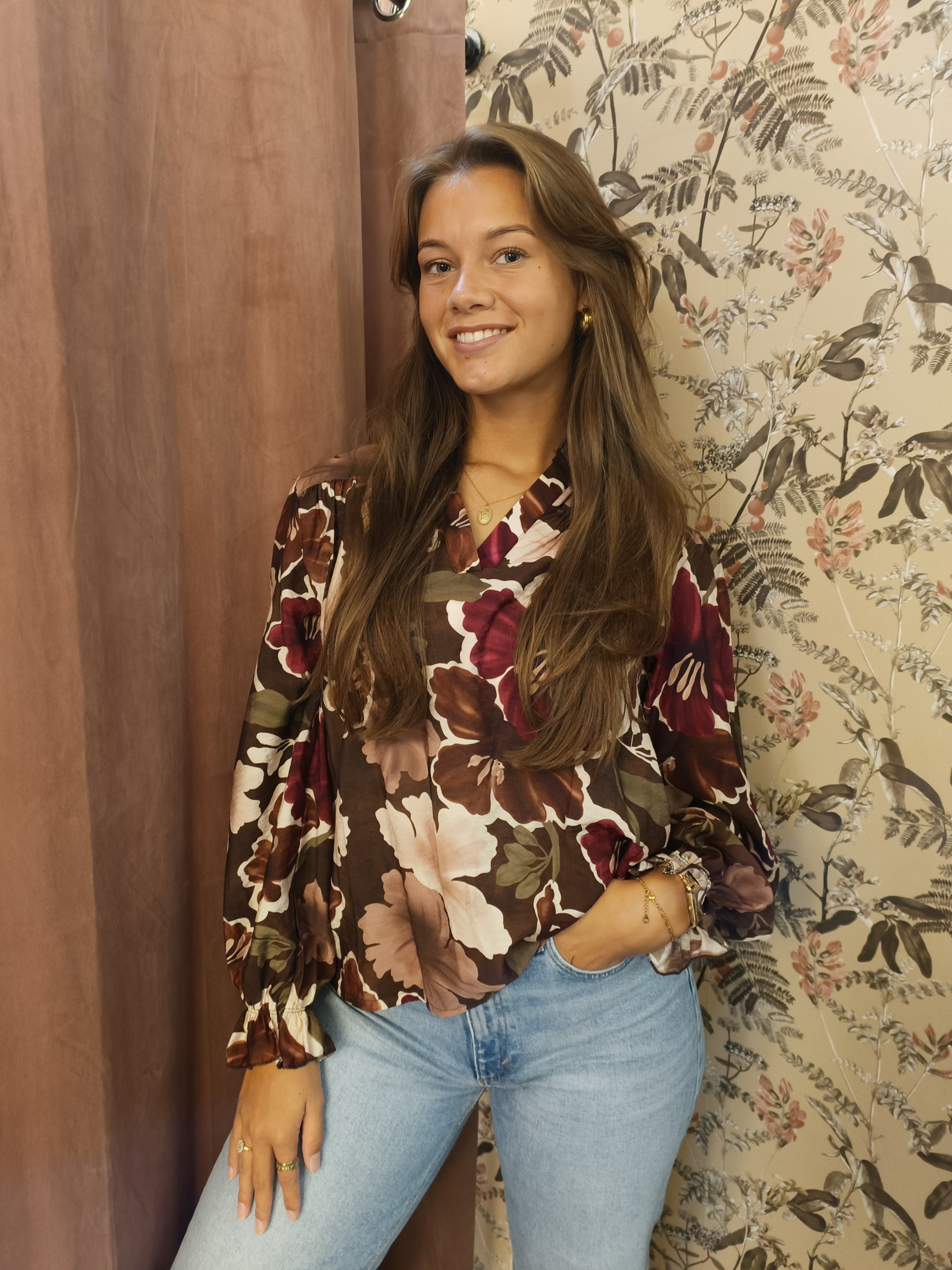 Blouse groen bruin bloem